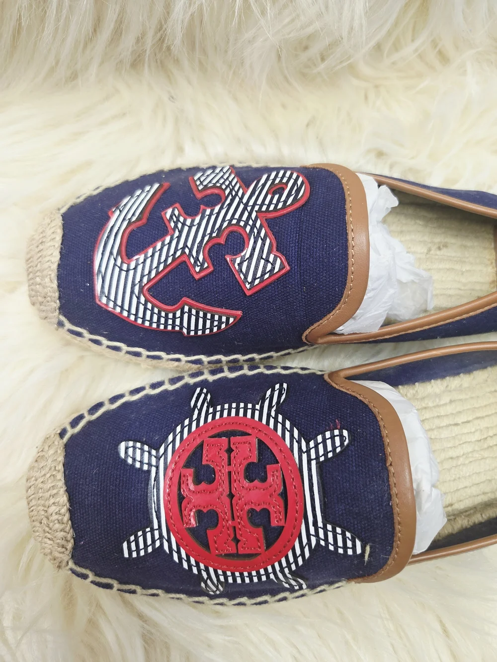 Tory Burch Navy Espadrilles with Red Embroidered Nautical Motifs